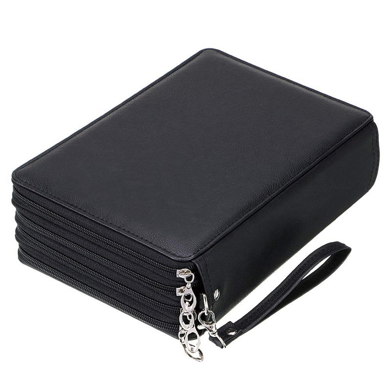 BTSKY 200 Slots Colored Pencil Organizer - Deluxe PU Leather Pencil Case Holder with Removal Handle Strap Pencil Box Large for Colored Pencils Watercolor Pencils (Black) - Image 1